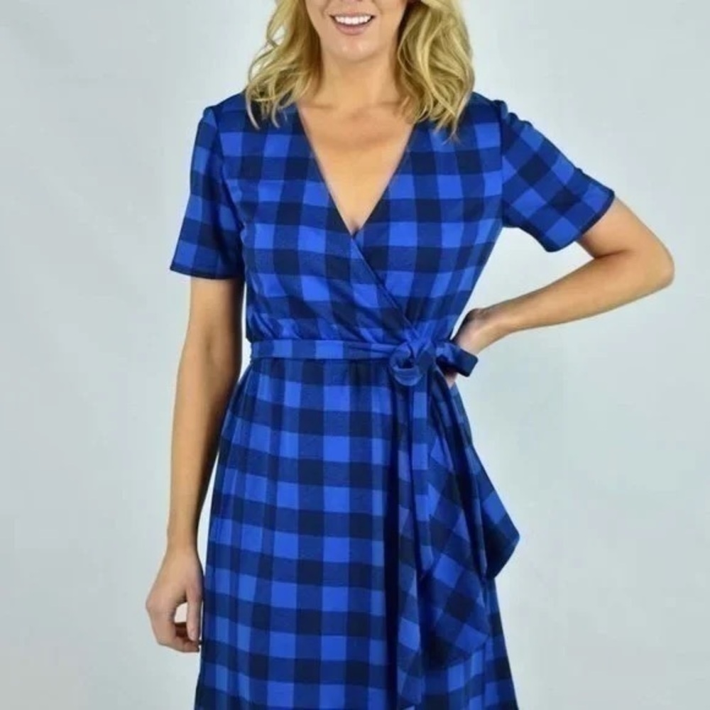 Draper James Blue Checkered Wrap Dress